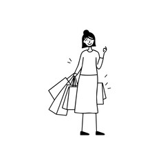 Black and white line art of a beautiful happy woman carrying shopping bags minimalist cheerful illustration