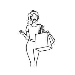 Black and white line art of a beautiful happy woman carrying shopping bags minimalist cheerful illustration