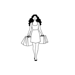 Black and white line art of a beautiful happy woman carrying shopping bags minimalist cheerful illustration