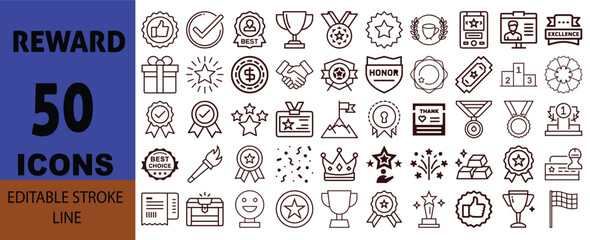 50 icon set vector art of reward and achievement icons set, editable stroke line