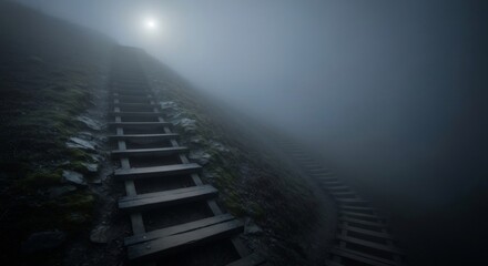 Fogshrouded wood stairs ascend mossy hill toward a bright light source Another set of stairs is visible