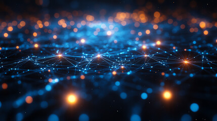 An abstract digital network illustration, showcasing interconnected nodes and data points in vibrant blue and orange hues.