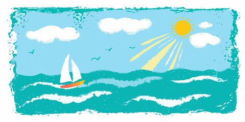 A cheerful hand drawn illustration of a sailboat on a bright sunny day at sea with clouds and birds