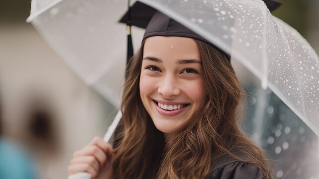 A young woman in a graduation cap smiles brightly while holding a transparent umbrella in the rain, celebrating academic achievement. The portrait conveys optimism, education, and joyful milestones 