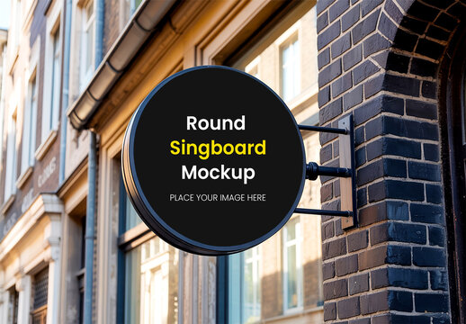 Round Outdoor Signboard Mockup on Brick Facade