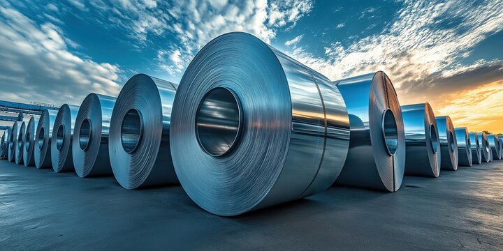 A row of large steel tape rolls standing vertically on the ground against blue sky with clouds, industrial material storage and construction supply concept