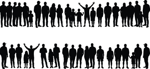 Silhouette people crowd, diverse community group, family unity, teamwork concept, children and adults together, human figures standing, social connection, friendship bond,