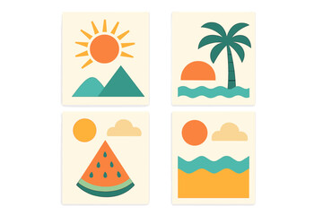 Vintage simple summer concept bright covers cards posters minimal style corporate identity branding social media promo modern design template set tropical sun beach watermelon waves palm tree
