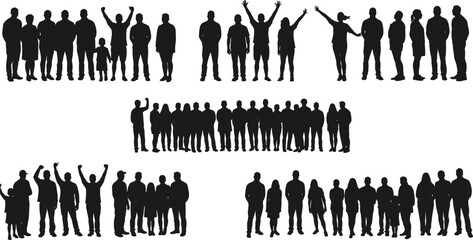 Silhouette people group illustration, standing crowd figures, diverse human poses, family children adults, teamwork unity concept, demographic study graphic, social community design element