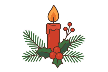 Christmas candle flat vector illustration. Festive holiday design element with flaming wax candle, fir branch, holly berry. Winter tradition symbol for Xmas decoration isolated.