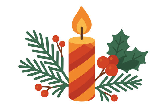 Christmas candle vector illustration in flat design. Traditional winter holiday decoration with flaming candle, pine branches, holly and red berries. Xmas element isolated.