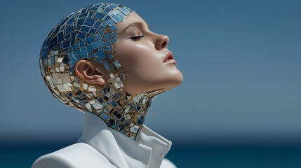 A futuristic female portrait shows a woman’s head covered in mirrored mosaic pieces under blue sky. The concept blends fashion, technology and surreal art