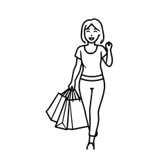 Black and white line art of a beautiful happy woman carrying shopping bags minimalist cheerful illustration
