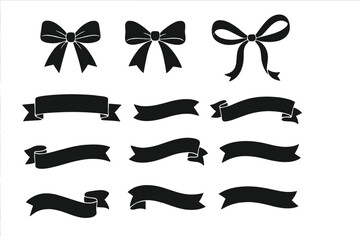 Ribbon vector icon set on white background. Banner isolated shapes illustration for gift and accessory. Christmas sticker and decoration. Black silhouette label and badge.