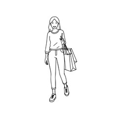 Black and white line art of a beautiful happy woman carrying shopping bags minimalist cheerful illustration
