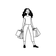 Black and white line art of a beautiful happy woman carrying shopping bags minimalist cheerful illustration