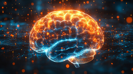 An artistic representation of a vibrant brain, showcasing neural connections with glowing particles illustrating cognitive processes.