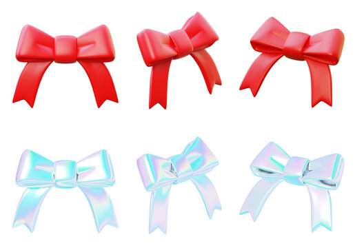 cartoon style riboon bow 3D graphic red and Iridescent