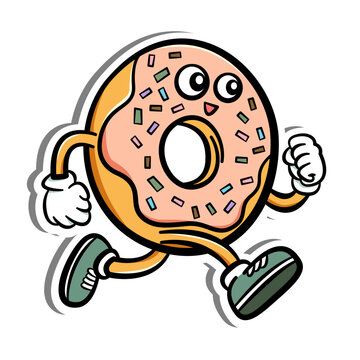 Cartoon donut character with pink frosting, sprinkles, and green sneakers in a running pose. Fun and playful design perfect for food-themed content, kids media, or digital stickers.