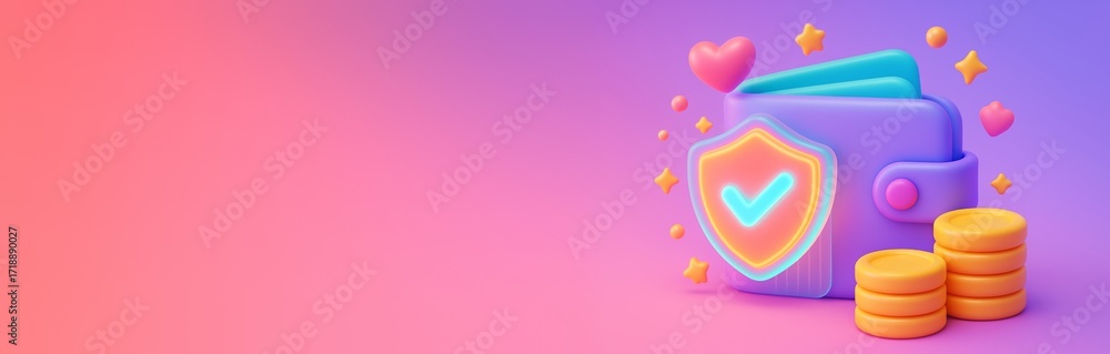 Poster digital wallet with shield icon, coins, and hearts on gradient background with copyspace for finance