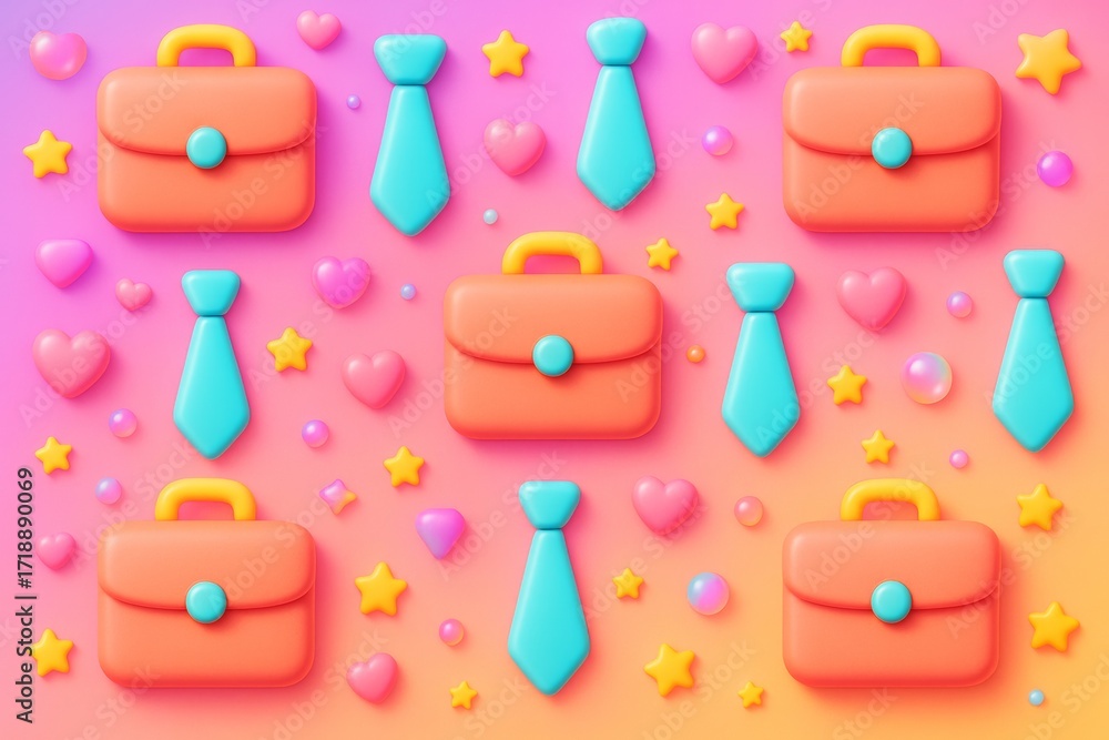 Poster bright abstract illustration of colorful business briefcases and ties with hearts and stars on a lig