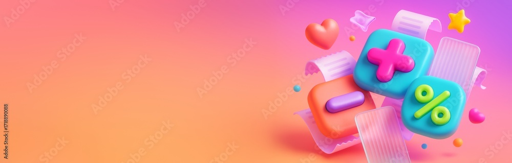 Poster colorful 3d math symbols and receipts on gradient pastel background with empty copyspace for adverti