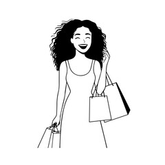 Black and white line art of a beautiful happy woman carrying shopping bags minimalist cheerful illustration
