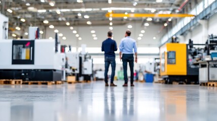 Two Professionals Observing Machinery in a Modern Manufacturing Facility