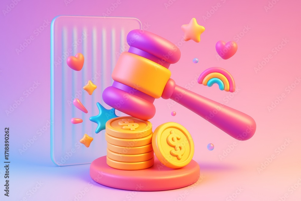 Poster colorful gavel and coins with playful icons on gradient background symbolizing business law and fina