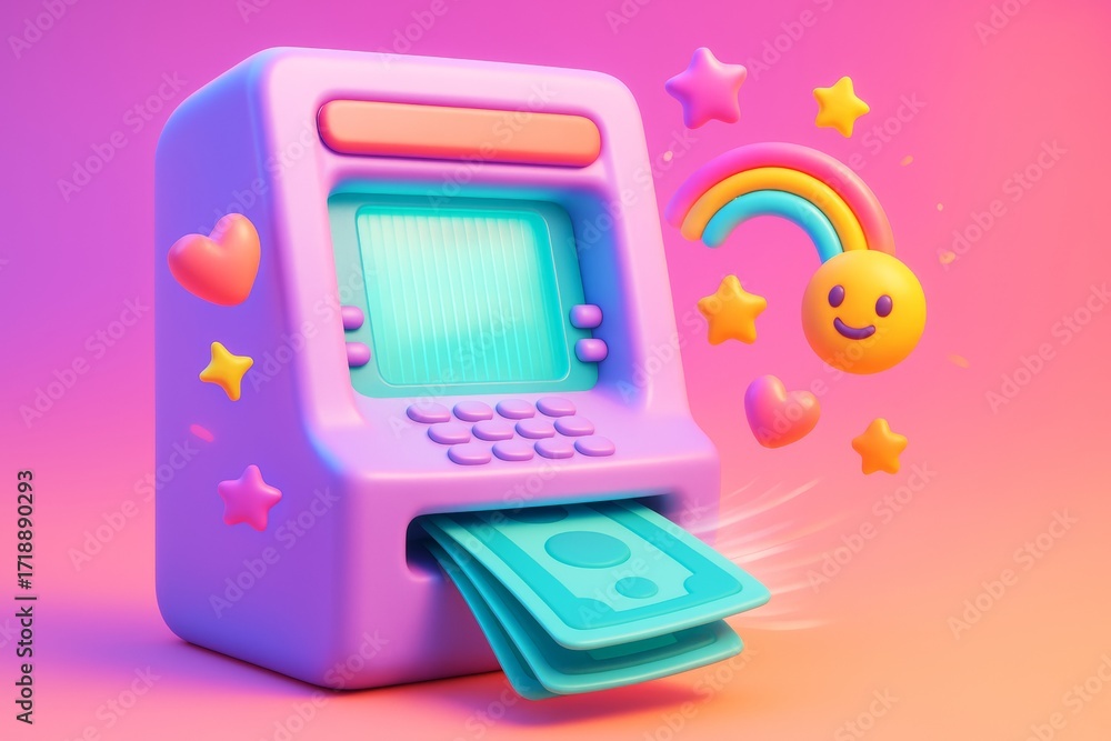 Poster colorful abstract atm machine with money and cheerful symbols on a vibrant light background for busi