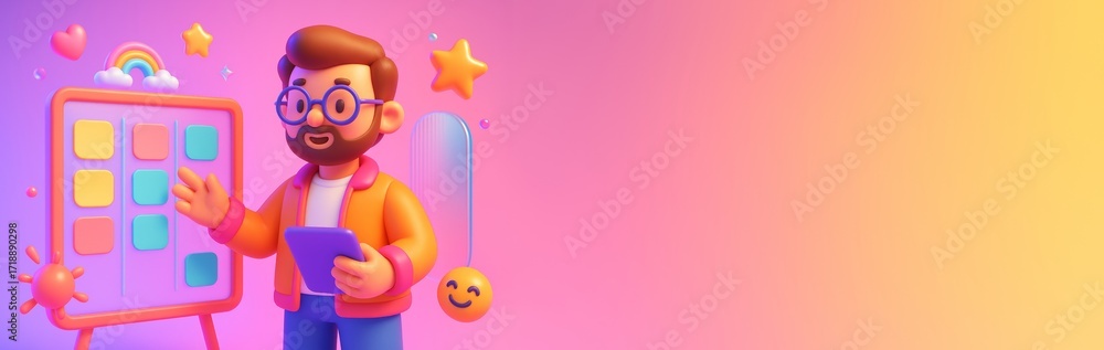 Poster colorful cartoon man with tablet presents planning board next to blank copyspace on soft gradient ba