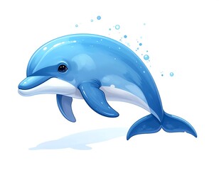 Obraz premium A playful, cartoon-style dolphin leaps gracefully through the water, depicted against a clean white background.