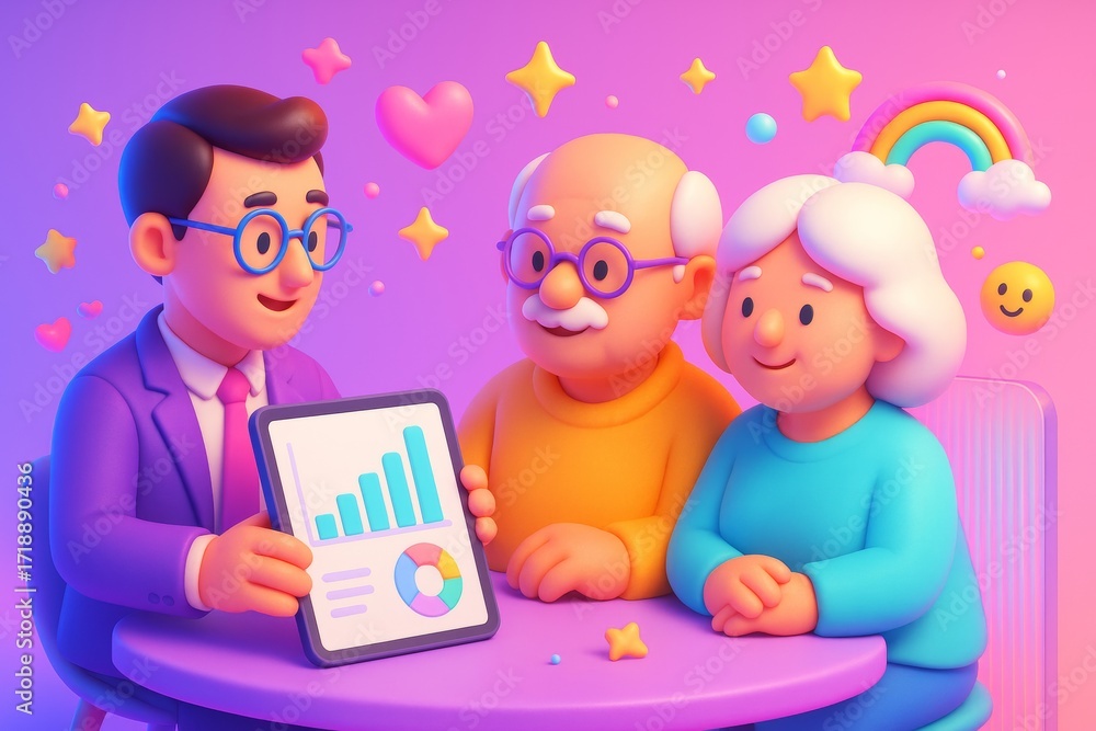 Poster Financial advisor showing business analytics to elderly couple in colorful abstract setting with cheerful light background and playful elements. Ai generative