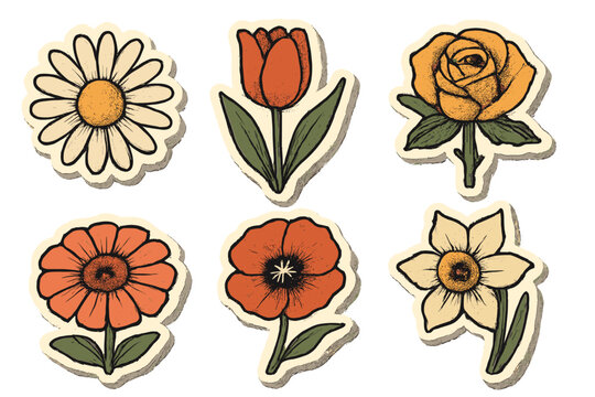 Vintage spring flowers set, collage flower heads top view with minimalism aesthetic, retro bitmap scrapbooking style, trendy dotted element stickers, floral design graphics