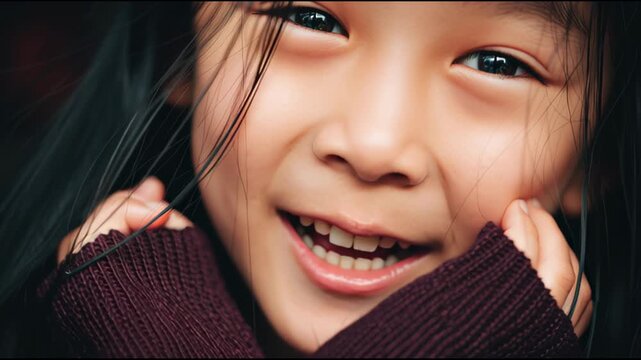 Close Up Portrait of a Happy Young Asian Girl Smiling Shyly.