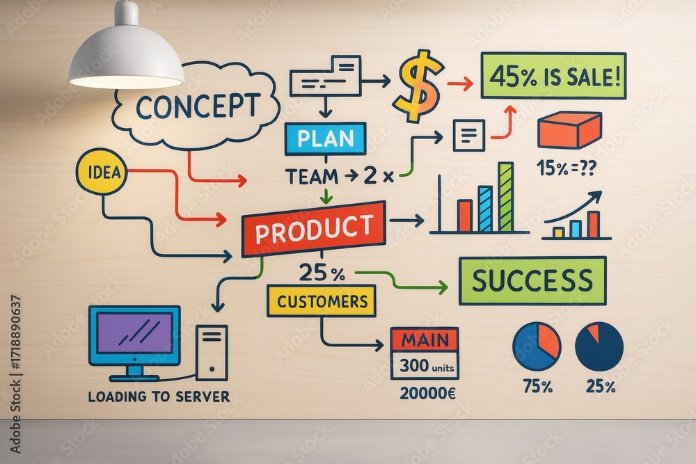 Poster business concept planning diagram with colorful flowchart showing idea to success pipeline on bright