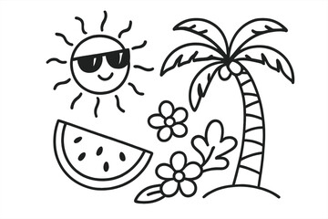 Summer time hand-drawn linear illustration with smiling sun wearing sunglasses, watermelon slice, tropical palm tree, flowers and leaves, vector design for T-shirt, logo, banner, sticker