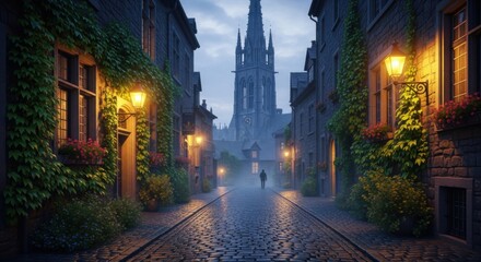 Fototapeta premium Misty Cobblestone Alley Leading to a Gothic Cathedral
