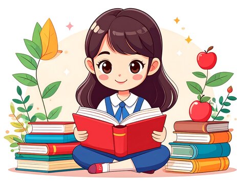 Cute girl reading a book surrounded by stacks of books and autumn leaves