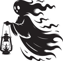 Halloween ghost with lantern silhouette spooky design