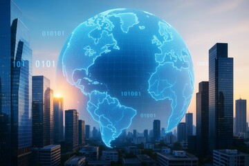 Digital holographic globe over modern city skyline at sunrise showcasing global business and technology concept with futuristic light effects.
