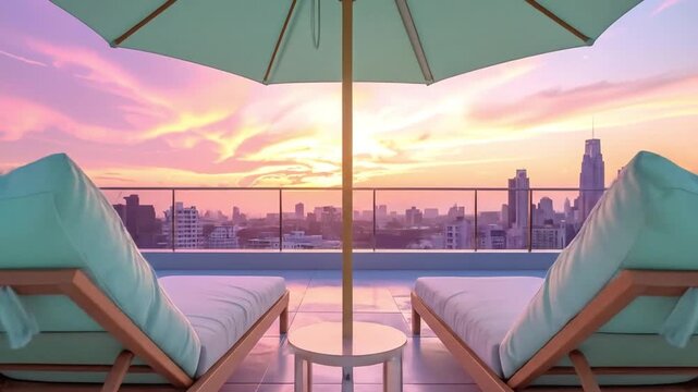 Two empty deck chairs under an umbrella by a rooftop pool with a stunning panoramic view of the urban skyline during a colorful sunset