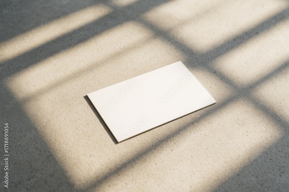 Poster blank white card on textured surface with architectural window light shadows creating minimalist con