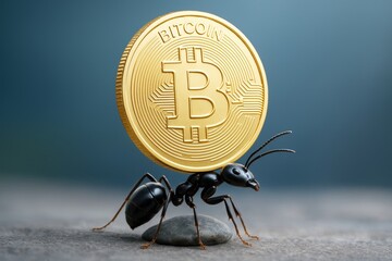 Ant carrying a large Bitcoin coin on its back, symbolizing strength, perseverance and financial power in cryptocurrency business concept. Ai generative