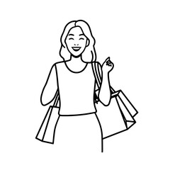 Black and white line art of a beautiful happy woman carrying shopping bags minimalist cheerful illustration