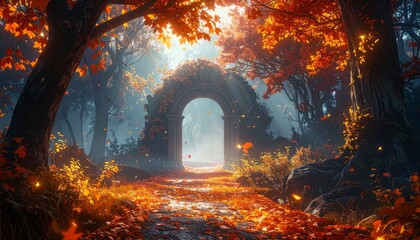 Fototapeta premium Autumnal archway in a forest with golden light and fallen leaves.