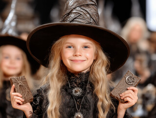 Happy children celebrating Halloween with costumes pumpkins and candy
