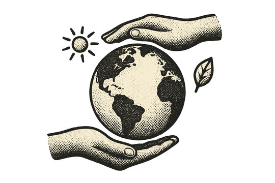 Vintage halftone earth protection collage with human hands supporting the globe, sun and leaf symbols, concept of environmental care, Earth Day 22 April vector art - Powered by Adobe