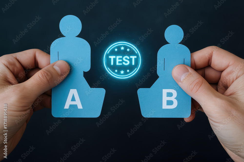 Poster a/b testing concept with two paper cutout figures held by hands and glowing test symbol in center re