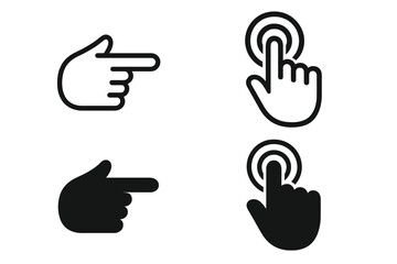 Vector illustration of clicking hand and pointing finger icons. Hand gesture symbols set with transparent background, touchscreen press, pointer click, UI interaction concept design.